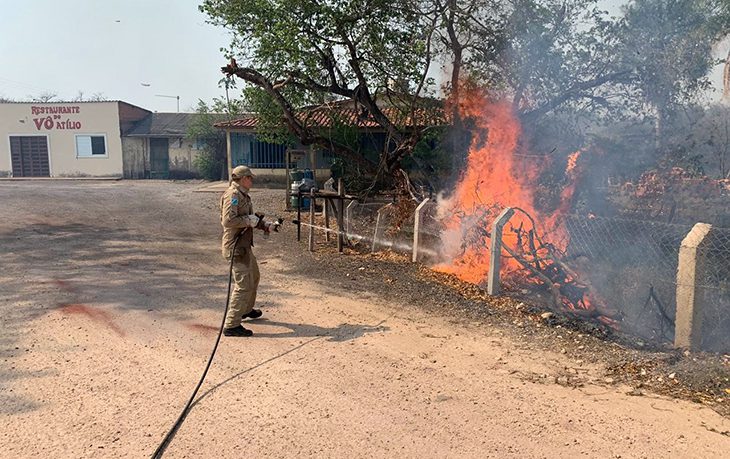 Bombeiros e Prevfogo combatem incêndio que ameaça chegar em posto de combustível na BR-262