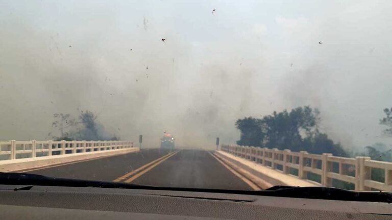 Fumaça das queimas provoca baixa visibilidade e PRF interdita trecho da BR-262