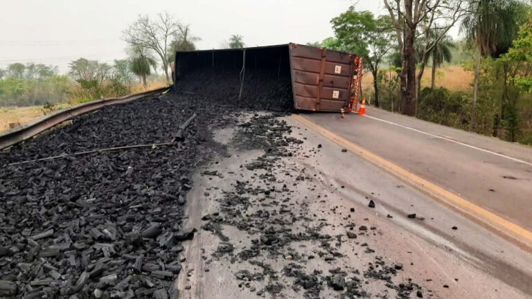 Carreta carregada com carvão tomba na BR-262