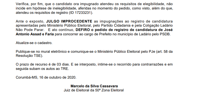 Justiça Eleitoral nega impugnação e confirma candidatura de José Antonio em Ladário 2 decisao eleitoral