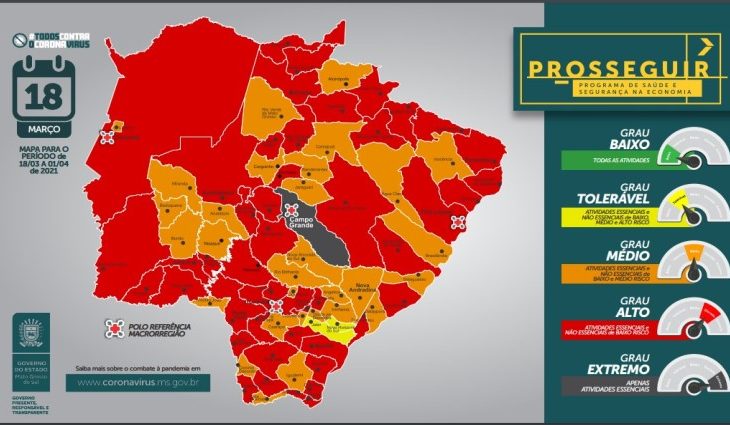 MS tem 44 municípios na bandeira vermelha e Campo Grande entra na cor cinza, de risco extremo