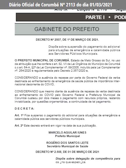 Prefeito suspende pagamento de adicional a servidores de Corumbá que atuam na linha de frente da Covid-19 2 suspensao adicional