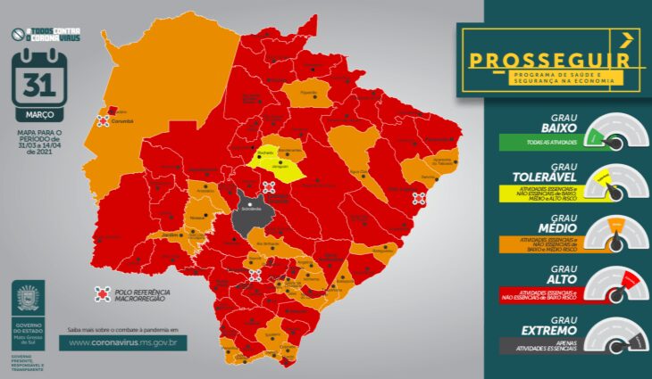 Mais de 64% dos municípios de Mato Grosso do Sul estão com alto risco de infecção da Covid-19