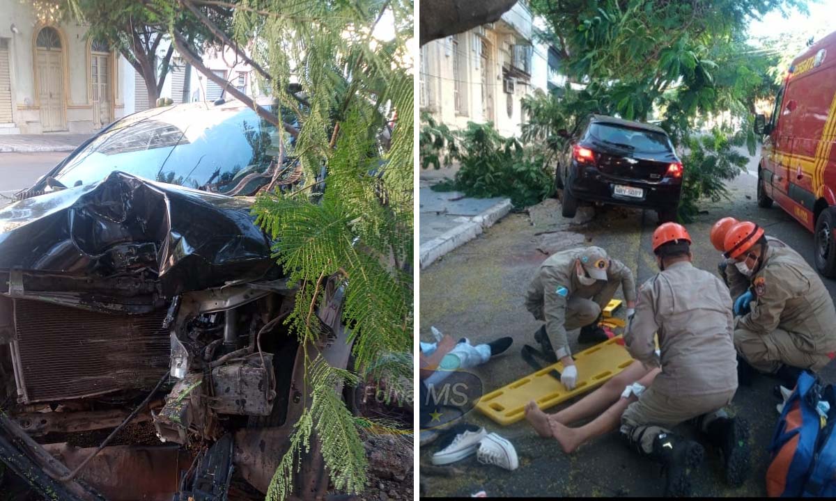 No momento, você está visualizando Três pessoas são socorridas pelos bombeiros após carro bater em árvore no centro