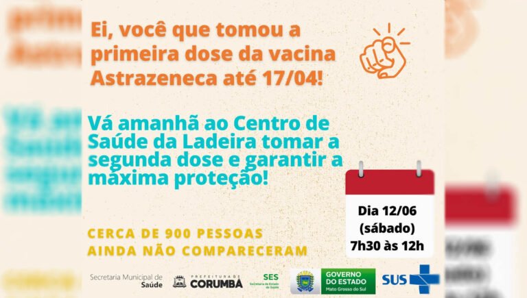 Em Corumbá 900 pessoas deixaram de tomar a 2ª dose da vacina AstraZeneca
