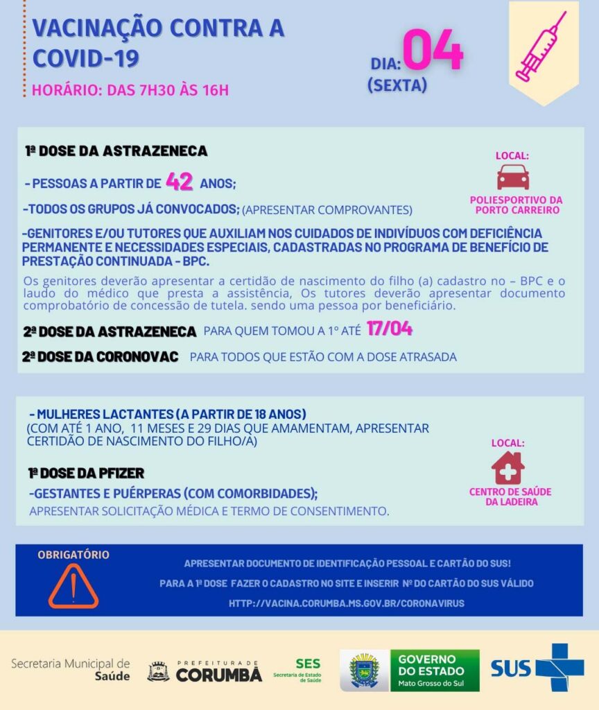 Corumbá amplia para 42 anos vacinação contra covid-19 nesta sexta-feira 2 vacina