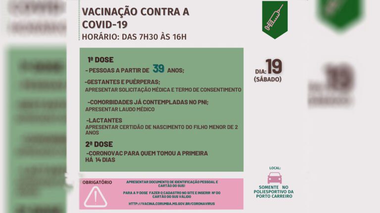 Com chegada de novas doses Corumbá abre vacinação para pessoas a partir de 39 anos