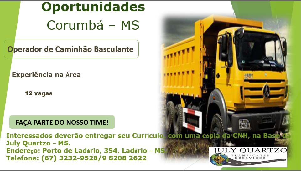 Empresa abre 12 vagas para Motorista de Caminhão Basculante em Corumbá 2 july quartzo