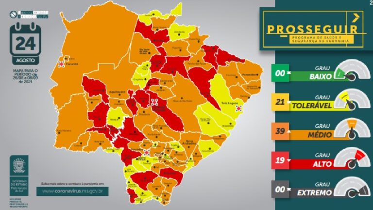 Prosseguir: Novo mapa de risco aponta que 39 municípios estão na bandeira laranja