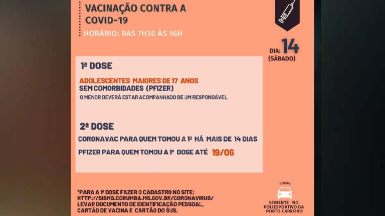 Corumbá abre cadastro e inicia vacinação de adolescentes com 17 anos neste sábado