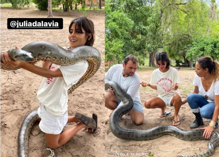 Atriz Julia Dalavia é clicada segurando sucuri gigante no Pantanal