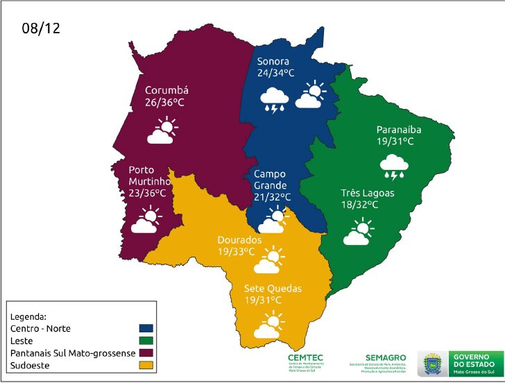 Quarta-feira de céu claro e temperaturas elevadas em Mato Grosso do Sul 2 mapa tempo quarta 8 dezembro