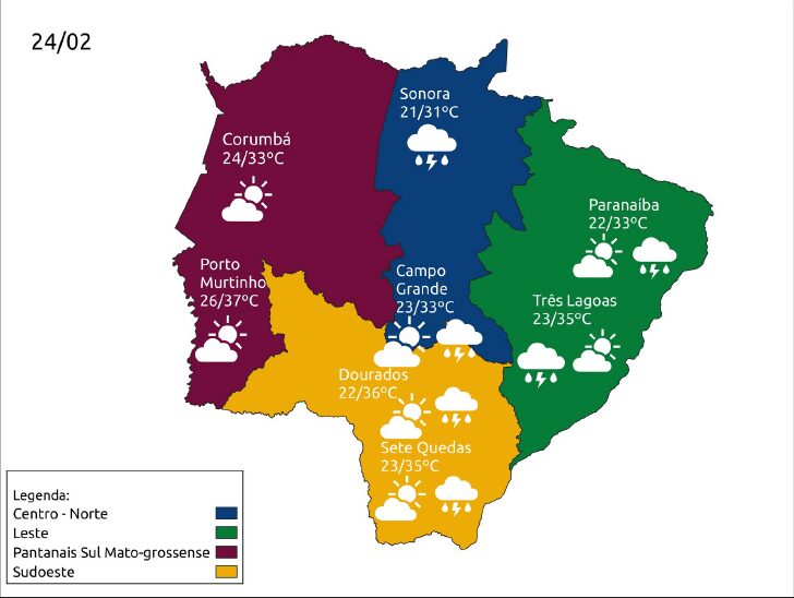 Quinta-feira de tempo instável com temperaturas de até 37°C em Mato Grosso do Sul 2 mapa tempo 24 fevereiro