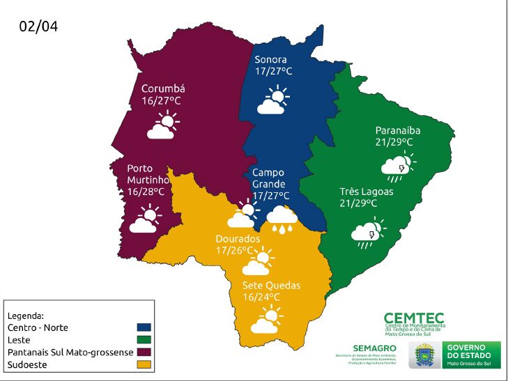 Sábado de tempo firme com máximas em elevação no Estado 3 mapa tempo 02 abril