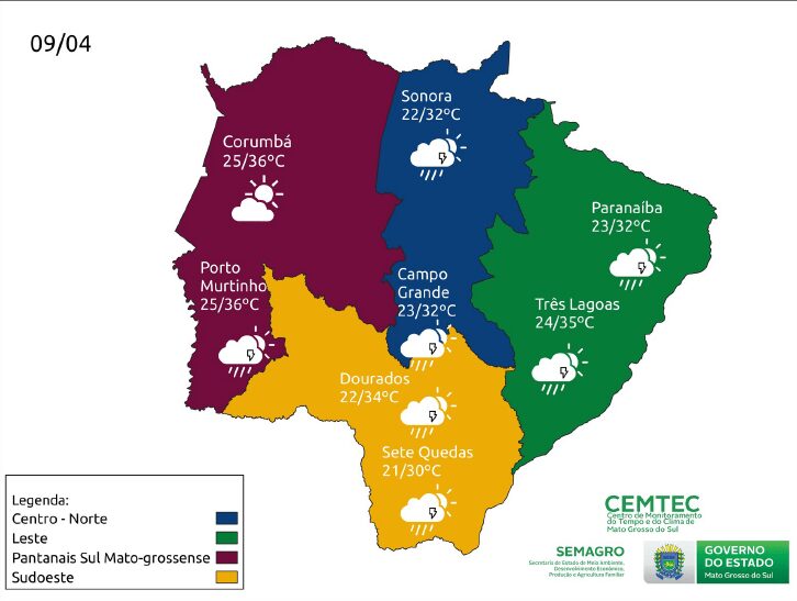 Sábado será ensolarado e seco em grande parte de Mato Grosso do Sul 3 mapa tempo 9 abril