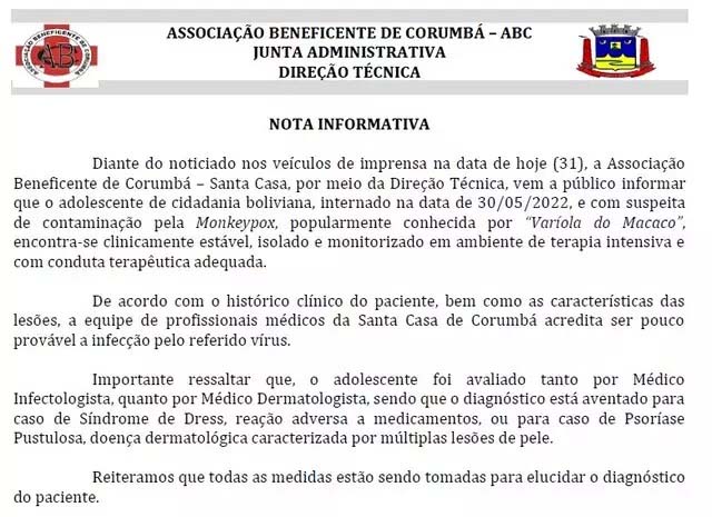 Santa Casa diz ser “pouco provável” diagnóstico de varíola em adolescente internado em Corumbá 3 nota santa casa
