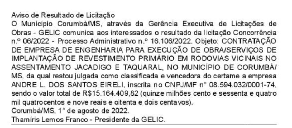 Prefeitura de Corumbá vai pagar R$15 milhões por obra de revestimento primário 2 licitacao 15 milhoes