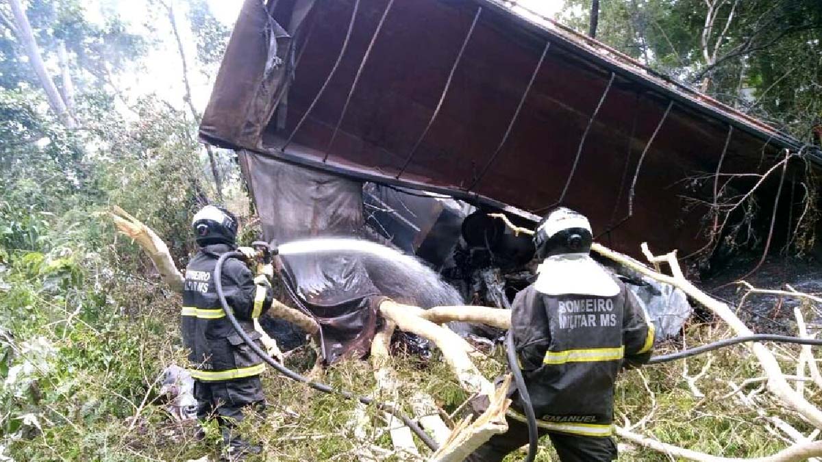 Leia mais sobre o artigo Bombeiros tentam acessar cabine de caminhão que pegou fogo na BR-262