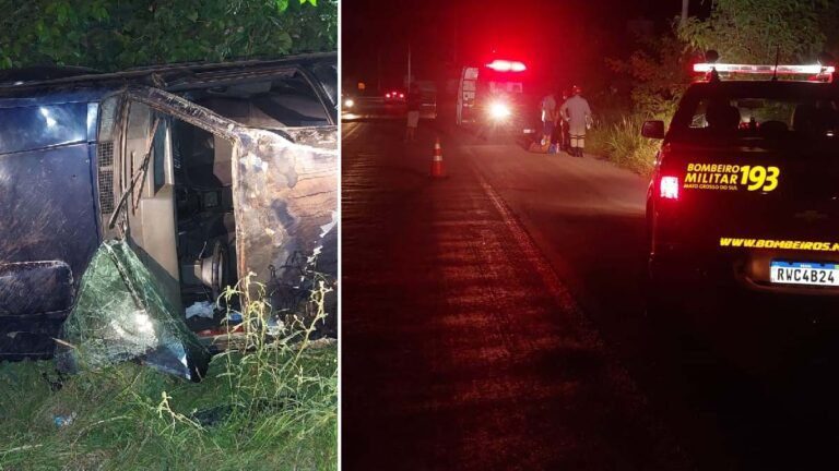 Carro com três pessoas capota no Anel Viário de Corumbá