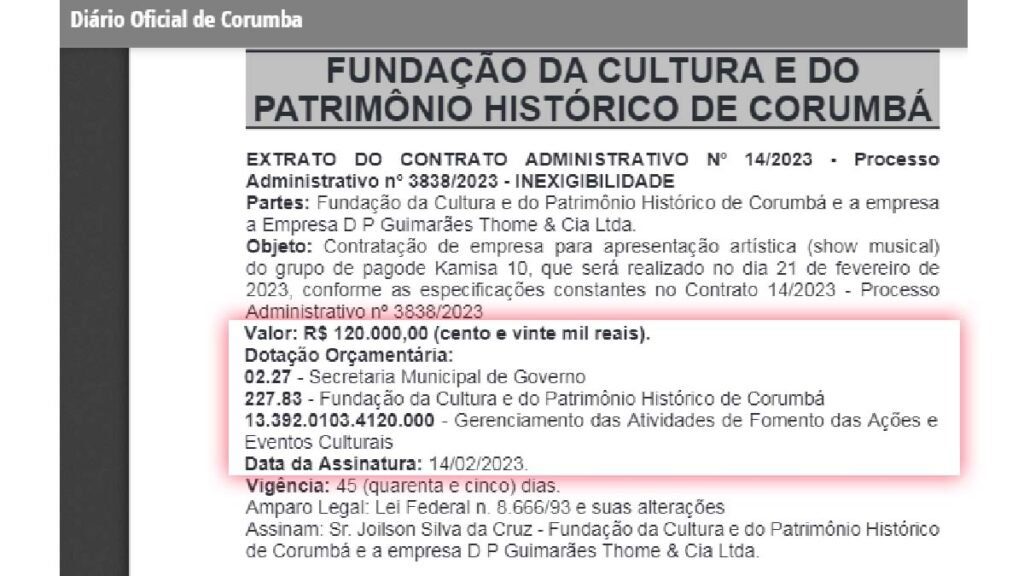 Por R$ 120 mil prefeitura contrata show de grupo de pagode para o Carnaval de Corumbá 2 contrato prefeitura