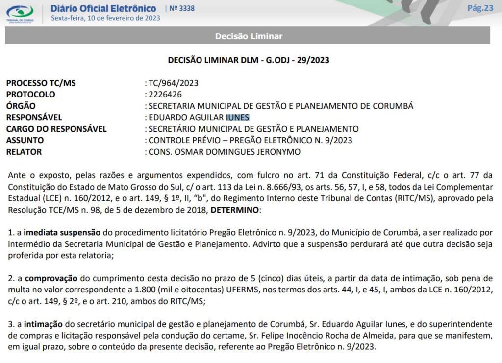 Para evitar prejuízo aos cofres do município, TCE barra licitação conduzida pelo irmão do prefeito 2 liminar