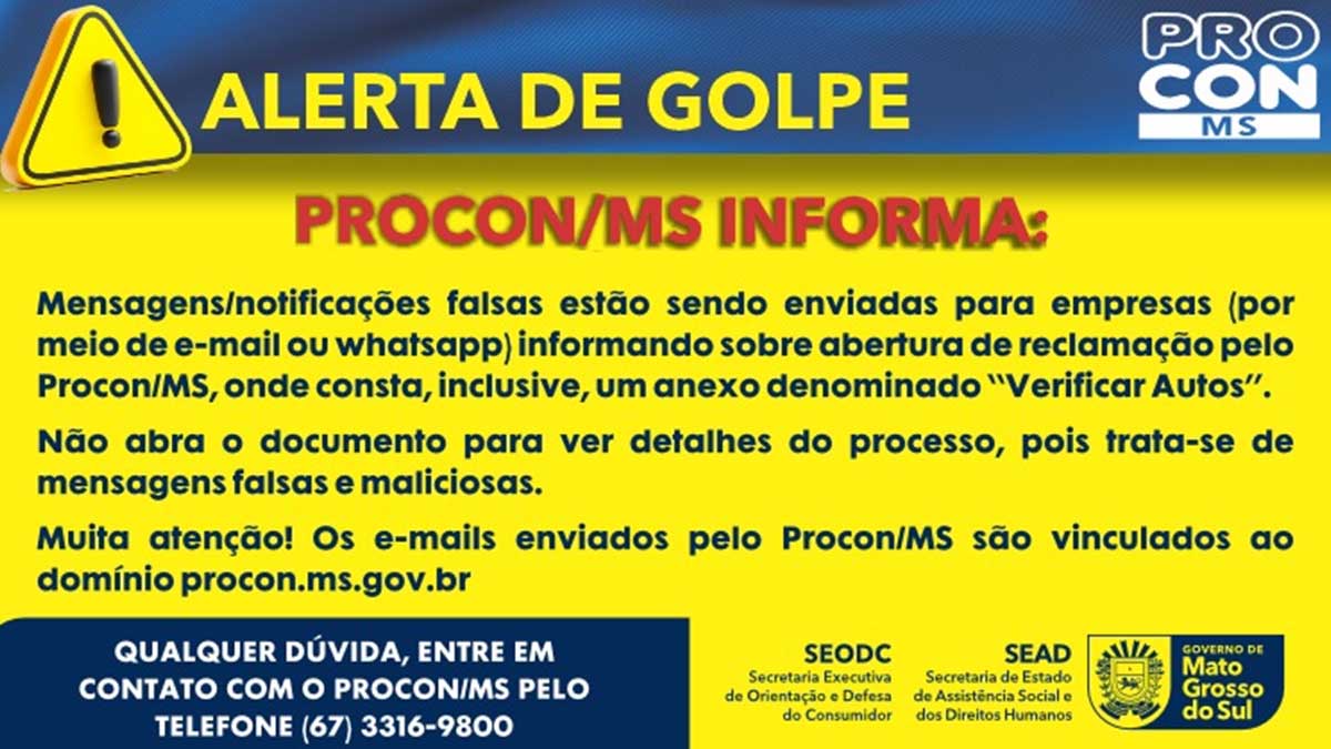 Leia mais sobre o artigo Procon-MS emite alerta sobre mensagens falsas de notificações direcionadas a empresas