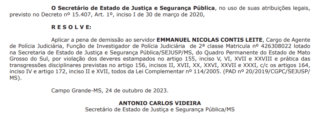 Delegado condenado por assassinar boliviano é demitido da Polícia Civil de MS 3 demissao emanuel delegado