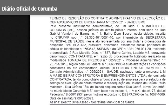 Anunciada como "presente" de aniversário, obra em UBS está abandonada em Corumbá 8 rescisao UBS