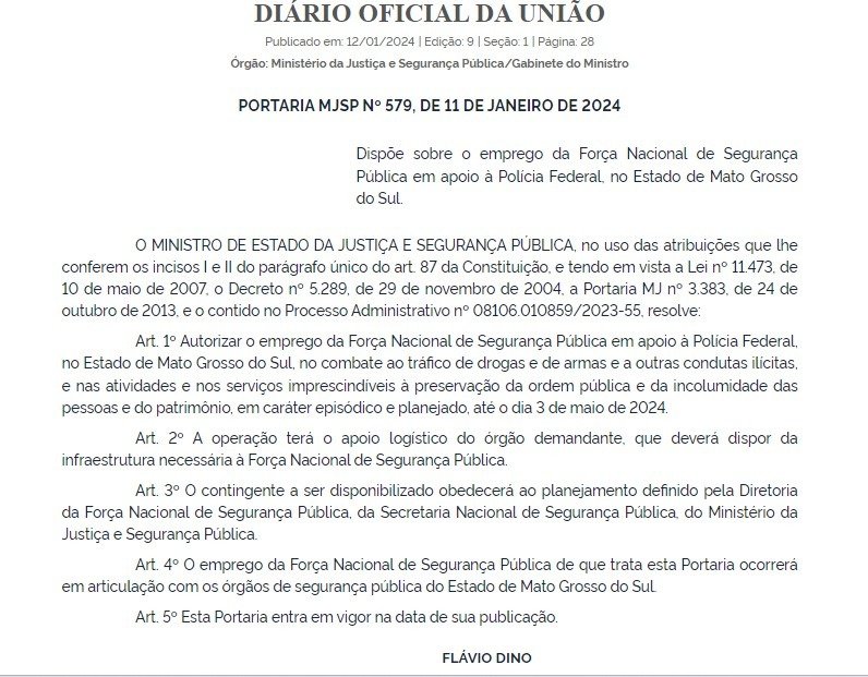 Força Nacional vai reforçar combate ao tráfico de drogas e armas em MS
