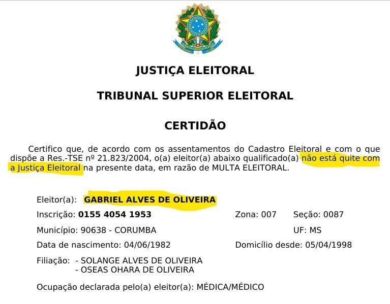 Coligação PRD, Avante e Podemos pede impugnação de Dr. Gabriel em Corumbá 2 quitacao eleitoral gabriel
