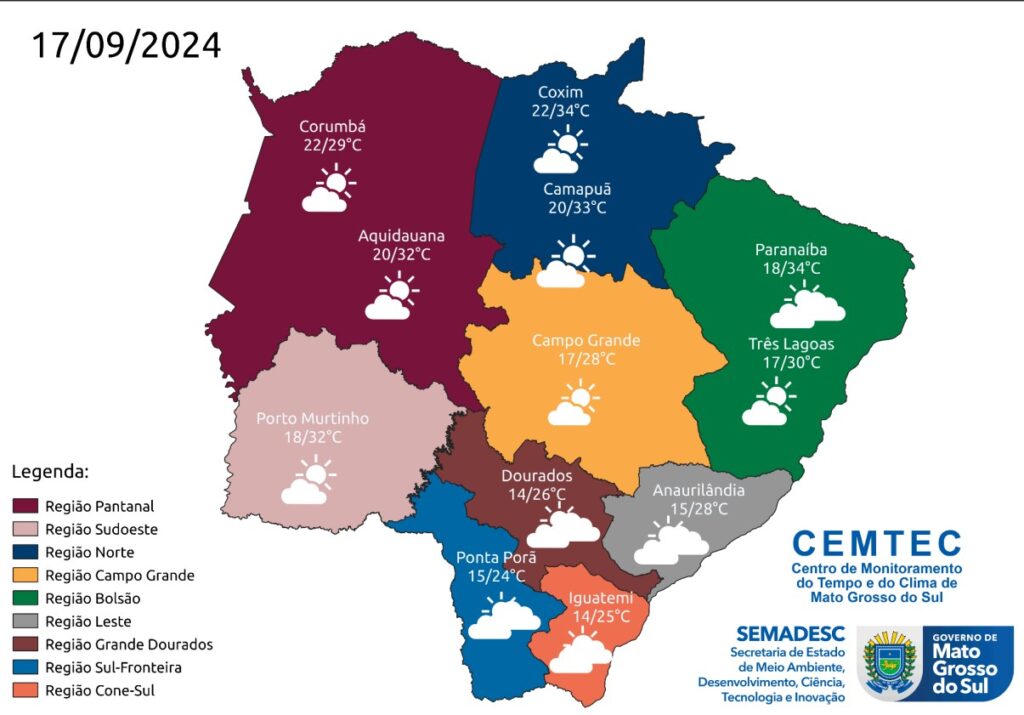 Terça-feira tem previsão de sol e variação de nebulosidade em MS 2 17 09 2024 tempo