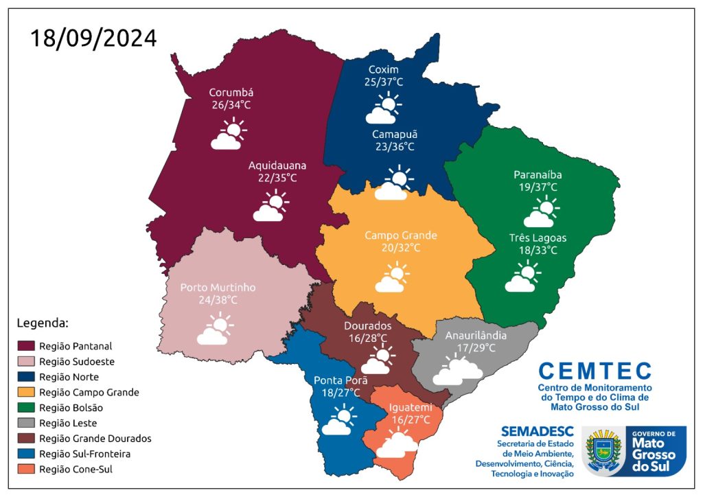 Quarta-feira tem previsão de tempo seco e altas temperaturas em MS 2 Mapa Previsao 18 09 24 1024x724 1