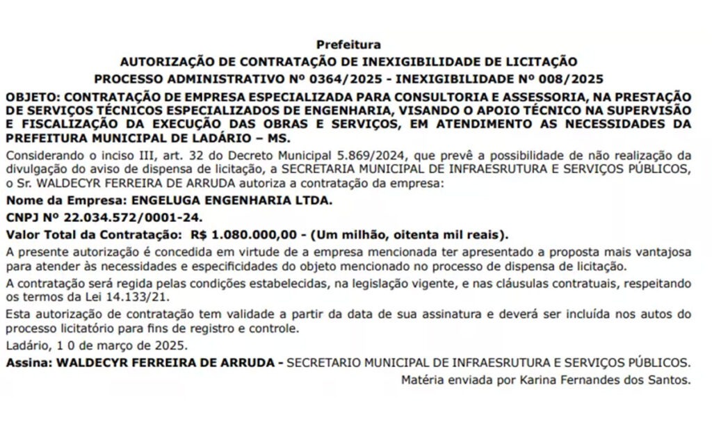Ladário contra sem licitação empresa investigada por corrupção