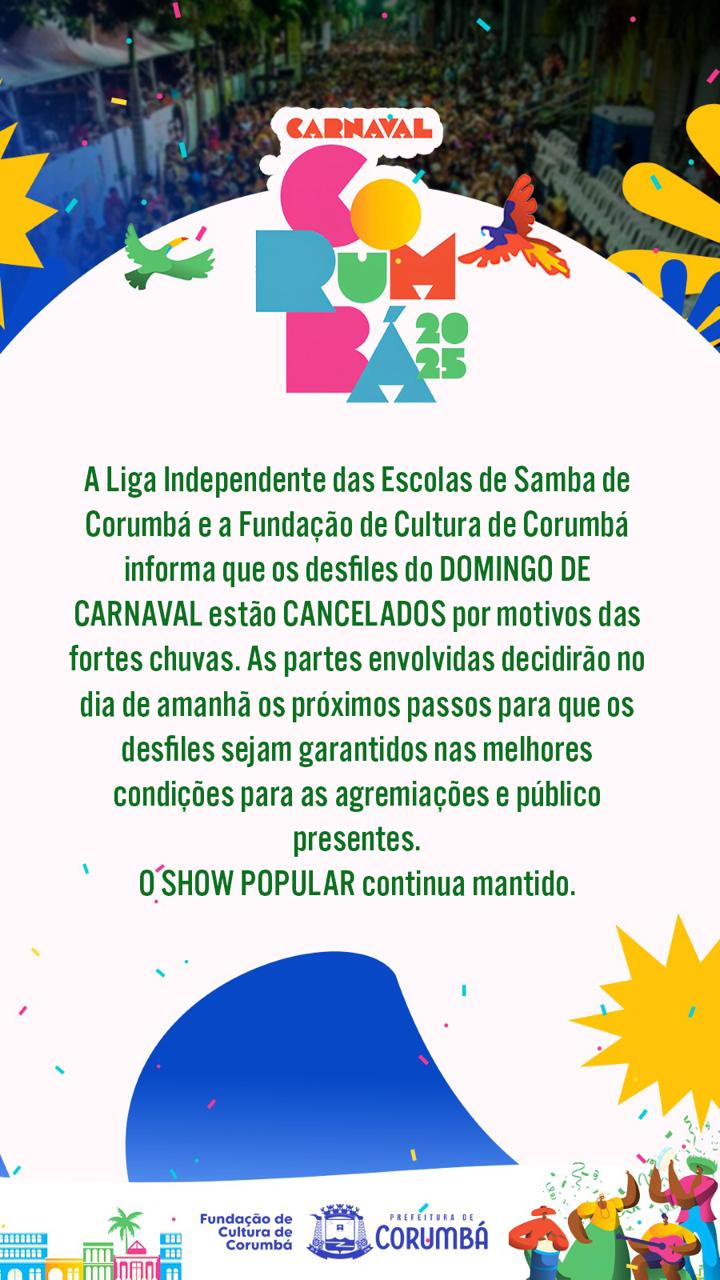 Chuva leva ao cancelamento dos desfiles de Carnaval em Corumbá neste domingo 3 desfile cancelado 1 desfiles