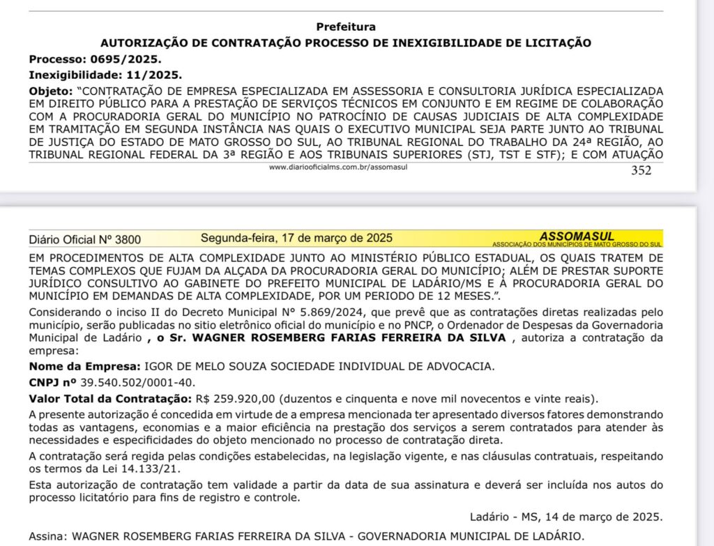 sem licitação, escritório de advocacia é contratado pela prefeitura de Ladário