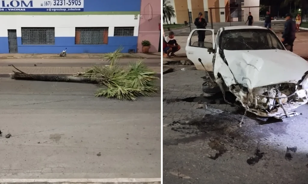 Jovem fica ferido após carro bater em poste e derrubar árvore em Corumbá 2 Bater em poste