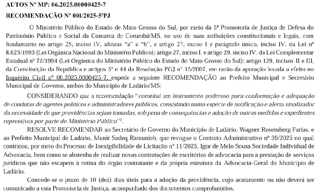 MP recomenda que Ladário suspenda contrato jurídico sem licitação de R$ 259 mil 3 MP recomenda que Ladário