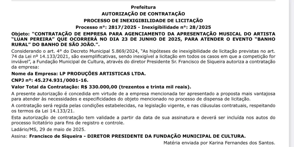 Prefeitura de Ladário contrata cantor por R$ 330 mil para apresentação no Banho de São João 2 show ladario Ladário contrata cantor