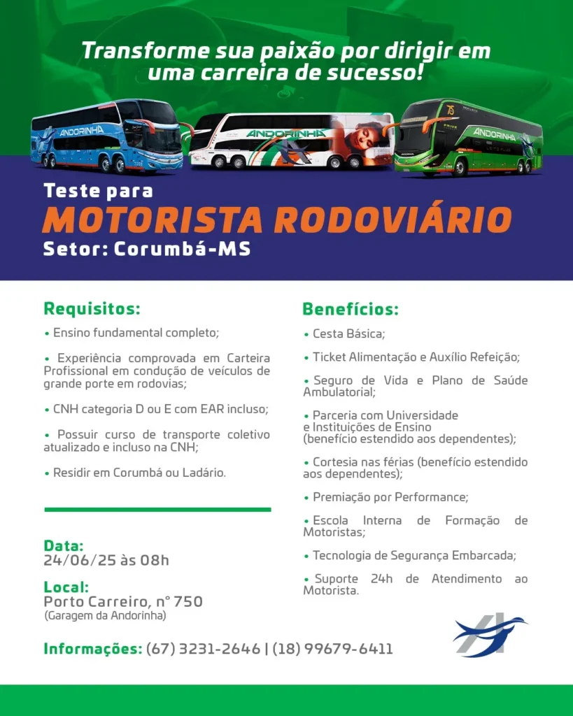 Andorinha anuncia seleção para motoristas rodoviários em Corumbá 2 andorinha vagas Motoristas