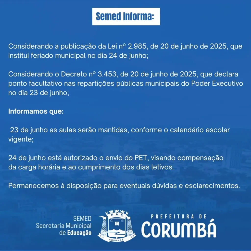 Corumbá: Semed mantém aulas no dia 23 e ensino remoto no dia 24, feriado de São João 2 Semed Mantém aulas no dia 23