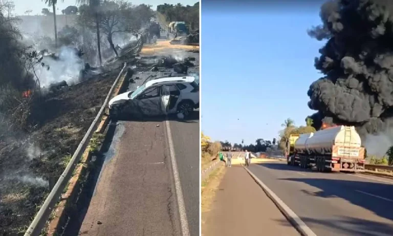 Acidente na BR-267 em Nova Alvorada do Sul causa explosão e deixa dois mortos, segundo PRF e Corpo de Bombeiros.