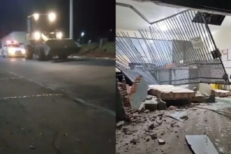 Homem usa retroescavadeira para quebrar fachada de cartório no Paraná