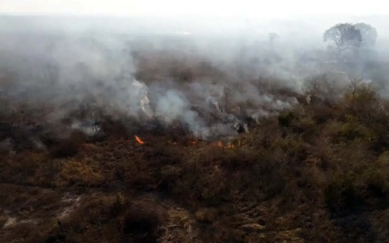 Incêndio atinge região do Forte Coimbra, em Corumbá, e mobiliza bombeiros no combate às chamas.