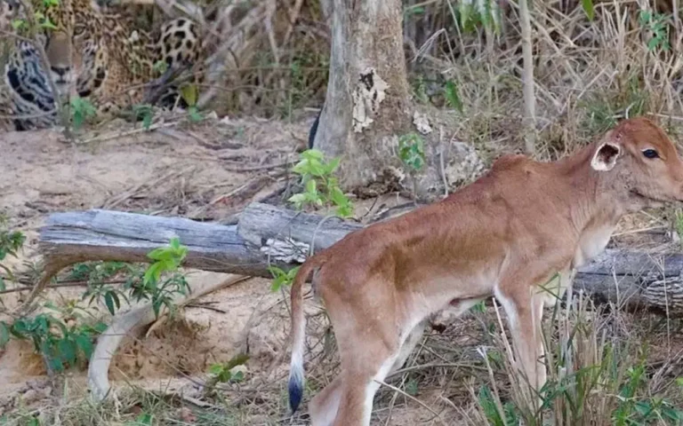 Onça-pintada surpreende ao recuar diante de um bezerro no Pantanal Norte, em registro feito no Porto Jofre.