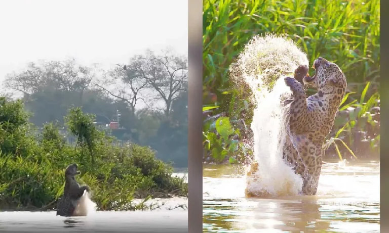 Onça-pintada Patrícia é flagrada no Pantanal em salto impressionante, registrado pelo biólogo João Marcelo Biagini.