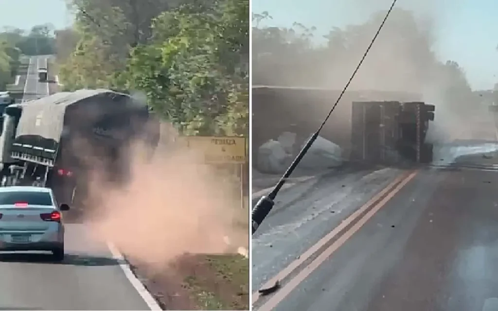Caminhão tomba após motorista embriagado provocar acidente na BR-262 2 Motorista embriagado causa acidente na BR-262 em Aquidauana; caminhão tomba, mas ninguém se feriu. PRF prendeu o condutor em flagrante.