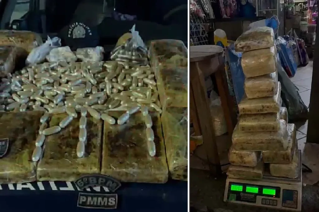 PM apreende 17,4 kg de drogas em ônibus de turismo em Corumbá 2 Polícia Militar apreende 17,4 kg de drogas em ônibus de turismo em Corumbá. Passageiros levavam cocaína e maconha com destino a São Paulo, segundo a corporação.