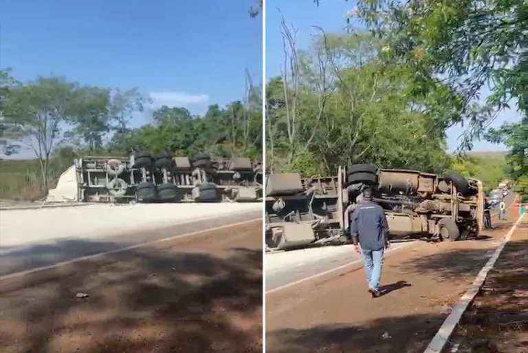 Carreta carregada com cimento tomba e bloqueia totalmente a BR-262 entre Aquidauana e Campo Grande. Passageira sofreu ferimentos leves e foi socorrida