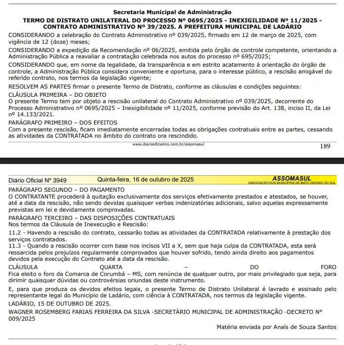 Ladário anula contratos irregulares após recomendação do Ministério Público e do Tribunal de Contas.
