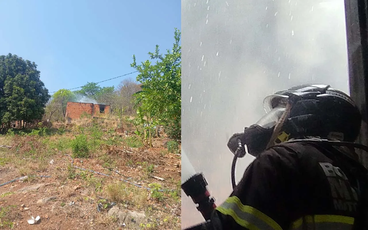 Bombeiros controlam incêndio em residência no bairro Aeroporto, em Corumbá; curto-circuito teria provocado as chamas que destruíram móveis e eletrodomésticos.
